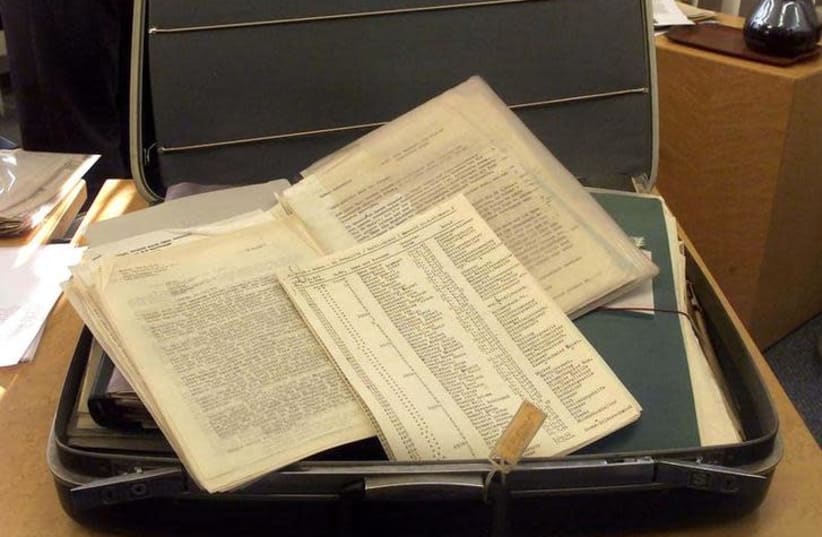 A siutcase belonging to Oskar Schindler with the original copy of a list of over 1,200 Polish Jews known as Schindler's List is shown in Stuttgart, Germany (photo credit: MICHAEL DALDER/REUTERS)