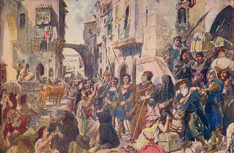 ‘EXPULSION OF the Jews in 1497,’ a 1917 watercolor by Alfredo Roque Gameiro (photo credit: Wikimedia Commons)