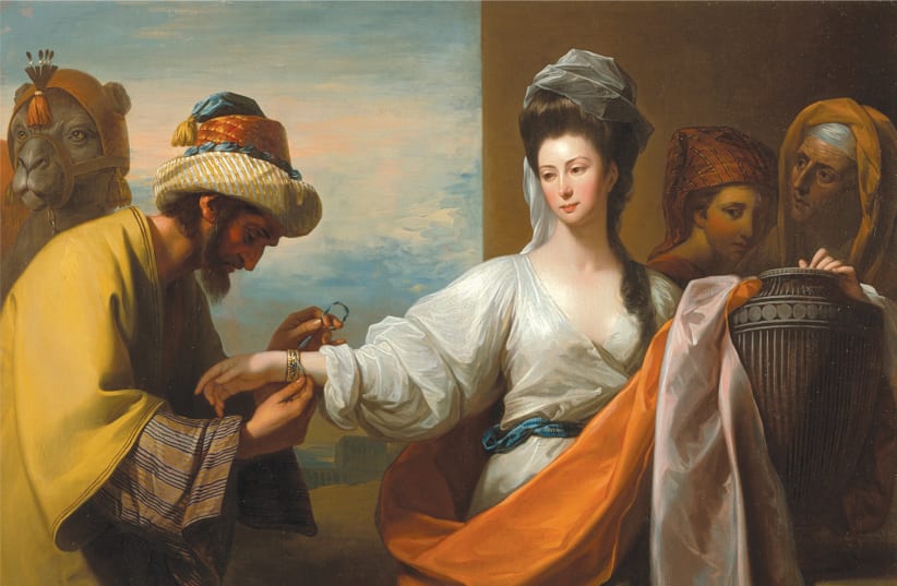 ISAAC’S SERVANT tying a bracelet on Rebekah’s arm in this 1775 work by Anglo-American history painter Benjamin West (photo credit: Wikimedia Commons)