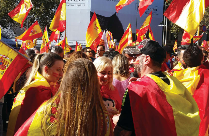 Unistas at a Barcelona pro-union street rally on October 29 (photo credit: JON IMMANUEL)