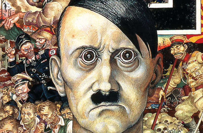 Szyk’s ‘Anti-Christ’ portrayal of Hitler as the embodiment of evil: his eyes reflect human skulls, his black hair the Latin words, ‘Vae Victis’ (woe to the vanquished) (photo credit: FINE ART PRINT)
