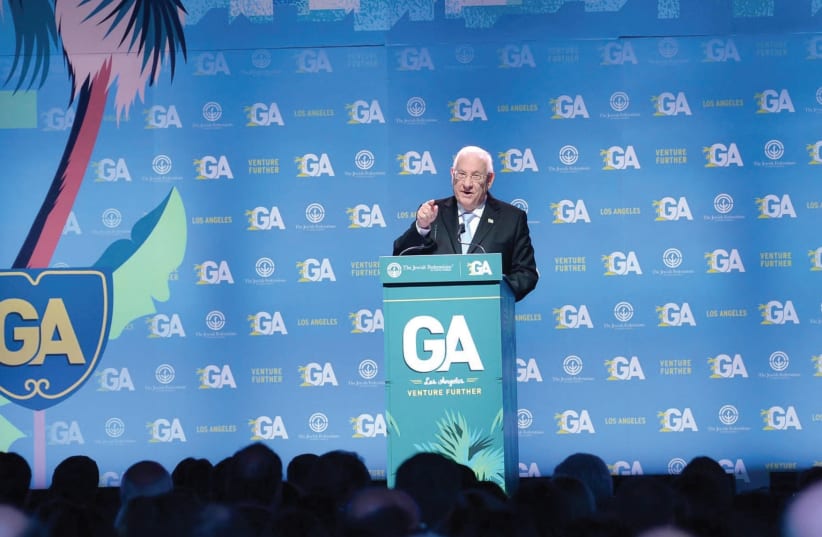 President Reuven Rivlin speaks at the General Assembly of the Jewish Federations of North America in Los Angeles on Monday. (photo credit: GPO)