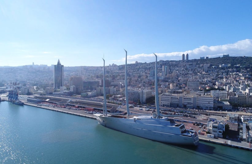 Mega Yacht docks in Haifa (photo credit: GEODRONES)
