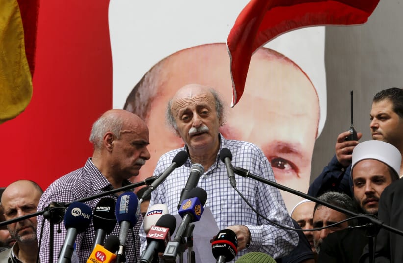 Lebanese Druse leader Walid Jumblatt addresses constitutuents (photo credit: MOHAMED AZAKIR / REUTERS)