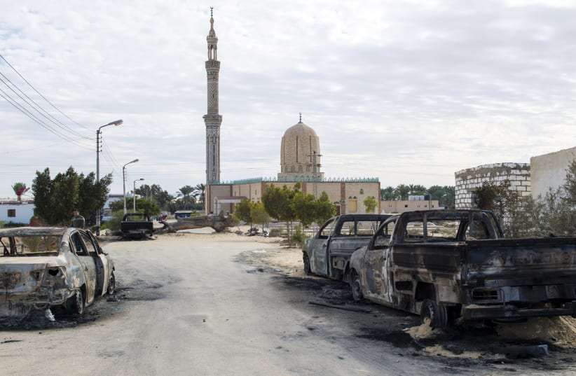 The Rawda mosque in Sinai after a gun and bombing attack which killed at least 305 worshippers (photo credit: STR / AFP)