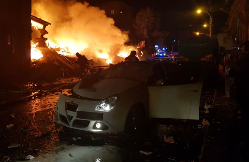 Scene of a large explosion and fire in Jaffa, November 27, 2017 (photo credit: MAGEN DAVID ADOM)