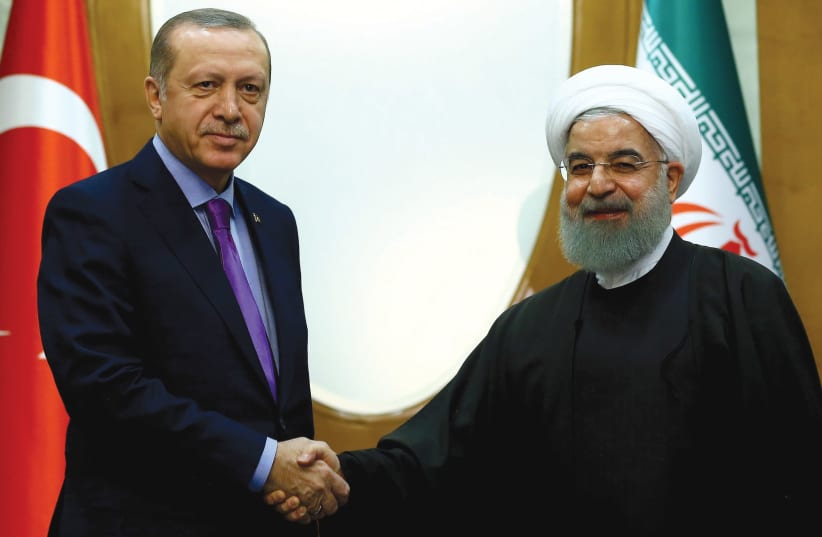 TURKEY’S PRESIDENT Recep Tayyip Erdogan meets with Iran’s President Hassan Rouhani in Sochi. (photo credit: REUTERS)