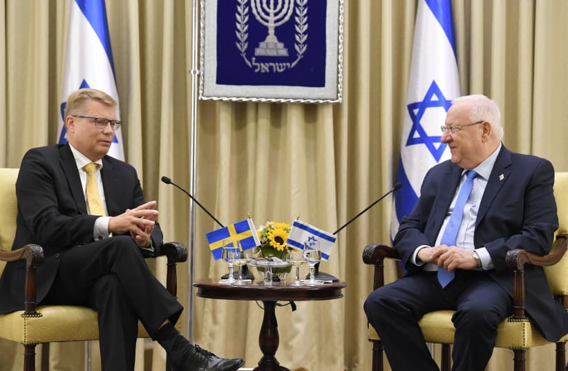 Israeli President Reuven Rivlin and Sweden’s new ambassador to Israel Magnus Hellgren. (photo credit: Mark Neiman/GPO)