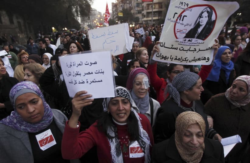 Egyptian women protest against sexual harassment and assault in Cairo, November 2015 (photo credit: REUTERS/AMR ABDALLAH DALSH)