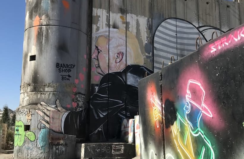 A portion of the separation wall in Bethlehem has become a destination for graffiti artists (photo credit: SETH J. FRANTZMAN)