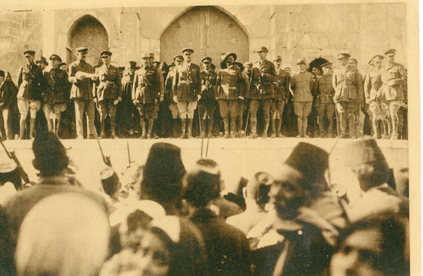 Original postcard showing Allenby’s proclamation to inhabitants, with an offcial surrender ceremony held by the steps of the Tower of David, on December 11, 191 (photo credit: TOWER OF DAVID MUSEUM ARCHIVES)