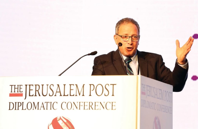  DIRECTOR OF Sheba’s Center for Disaster Medicine and Humanitarian Response, Prof. Elhanan Bar-On, addresses the Jerusalem Post Diplomatic Conference on Wednesday after the hospital received the Humanitarian Contribution Award (photo credit: SIVAN FARAG)