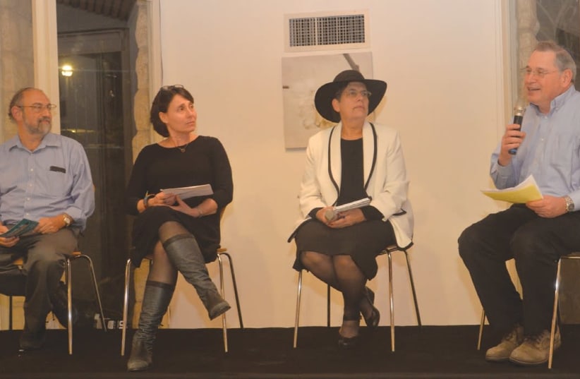 DR. MICHAEL GILLIS speaks as (from right) Dr. Beverly Gribetz, Hannah Schwartz and Rabbi Meir Ekstein listen during Monday evening’s NBN event at the Hebrew University of Jerusalem.  (photo credit: SASSON TIRAM)