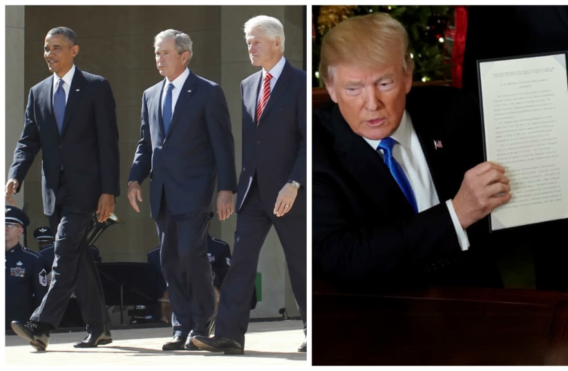 Left: File photo of former US Presidents Clinton Bush and Obama, Right: US President Trump presenting his executive order on Jerusalem (photo credit: JONATHAN ERNST/JASON REED/REUTERS)