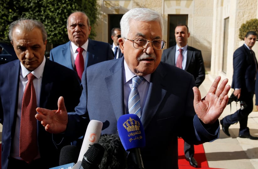 Palestinian President Mahmoud Abbas speaks to the media after his meeting with Jordan's King Abdullah at the Royal Palace in Amman, Jordan October 22, 2017. (photo credit: REUTERS)