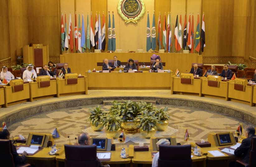 Arab foreign ministers convene in Cairo for a meeting of the Arab League to discuss Jerusalem, 9 December 2017 (photo credit: MOHAMED ABD EL GHANY/REUTERS)