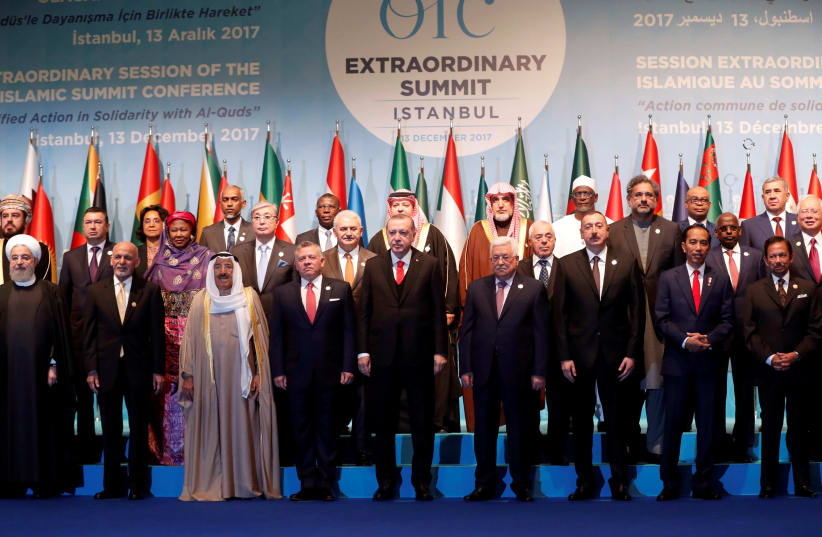 Leaders and representatives of the Organisation of Islamic Cooperation (OIC) member states pose for a group photo during an extraordinary meeting in Istanbul, Turkey, December 13, 2017 (photo credit: OSMAN ORSAL/REUTERS)