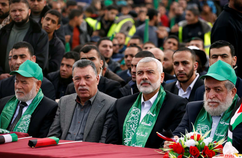 Hamas Chief Ismail Haniyeh attends a rally marking the 30th anniversary of Hamas' founding, in Gaza City December 14, 2017 (photo credit: MOHAMMED SALEM/REUTERS)