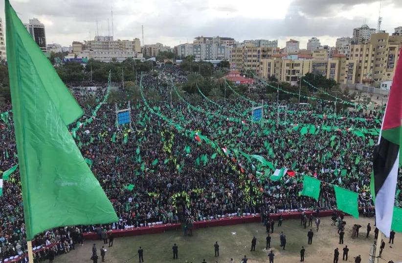 Crowd in Gaza City during celebrations for Hamas' 30th anniversary   (photo credit: Courtesy)