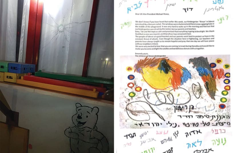 Window of kindergarten in Sderot damaged by rocket fire from Gaza and letter from the children of the kindergarten to US VP Mike Pence (photo credit: Courtesy)