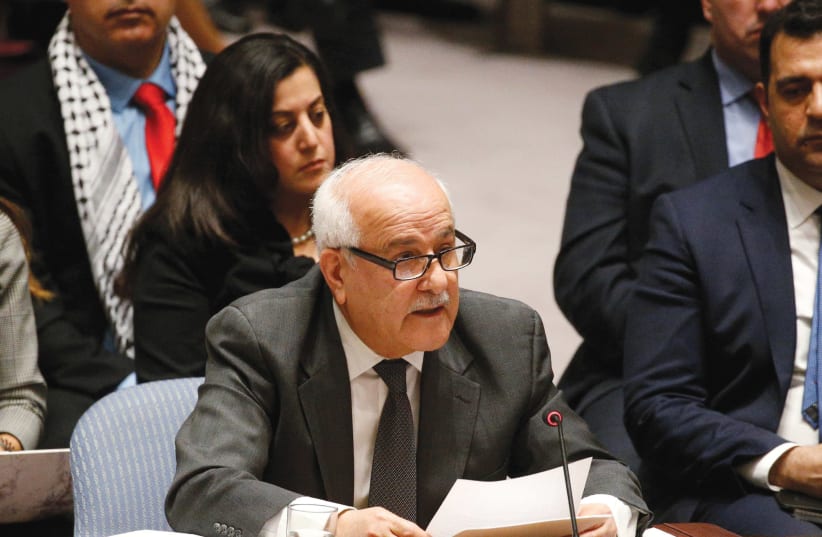PERMANENT OBSERVER for the ‘State of Palestine’ to the UN Riyad Mansour addresses a recent Security Council meeting on the situation in the Middle East.  (photo credit: REUTERS)
