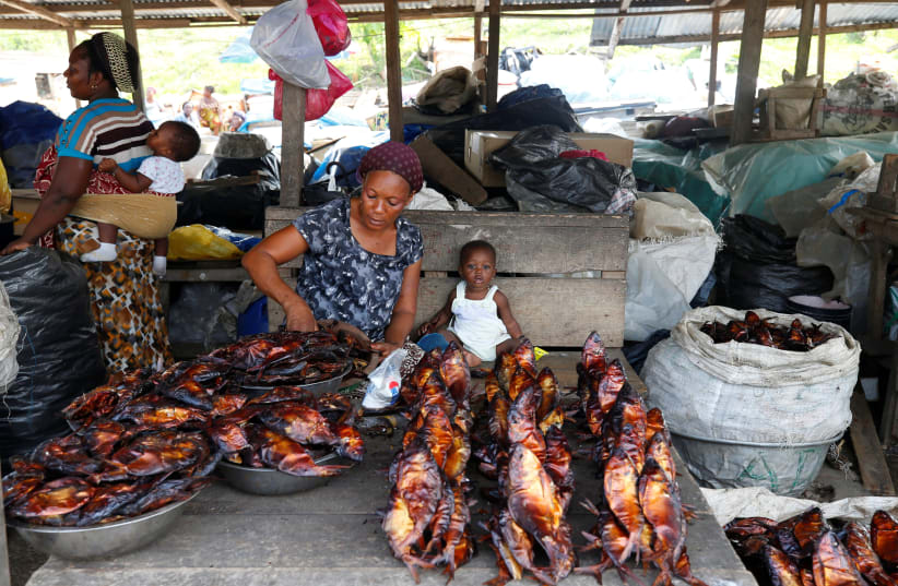 A woman sells dried fish fish at a market in Libreville, Gabon (photo credit: REUTERS/MIKE HUTCHINGS)