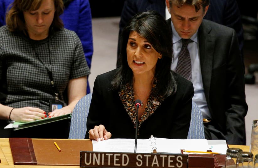 US Ambassador to the United Nations Nikki Haley speaks during the United Nations Security Council meeting on the situation in the Middle East (photo credit: BRENDAN MCDERMID/REUTERS)
