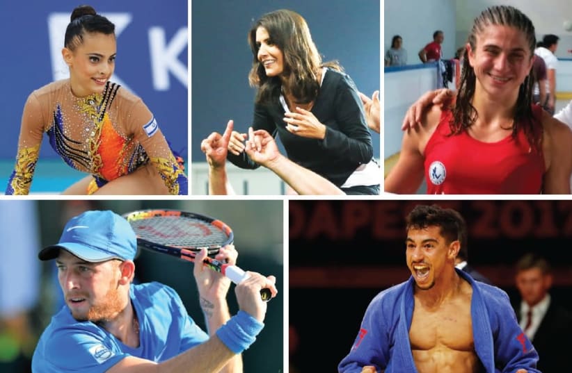 THE CANDIDATES for The Jerusalem Post Israeli Sports Personality of the Year include (clockwise from top left in alphabetical order) rhythmic gymnast Linoy Ashram, Hapoel Beersheba owner Alona Barkat, Muay Thai fighter Nili Block, judoka Tal Flicker and tennis player Dudi Sela. (photo credit: DANNY MARON/OLYMPIC COMMITTEE OF ISRAEL/AYELET/ISRAEL TENNIS ASSOCIATION)
