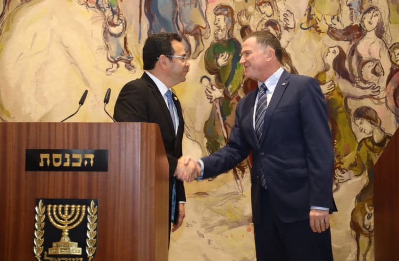 Guatemalan president Jimmy Morales and Knesset Speaker Yuli Edelstein at the Knesset (photo credit: KNESSET SPOKESPERSON'S OFFICE)