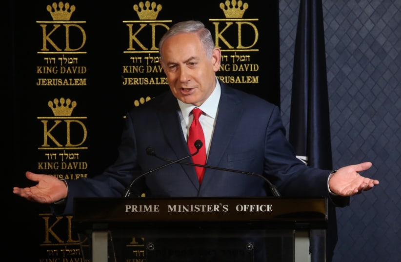 Israeli Prime Minister Benjamin Netanyahu speaks to ambassadors of NATO states at the King David Hotel, Jerusalem, on January 9, 2018 (photo credit: MARC ISRAEL SELLEM)