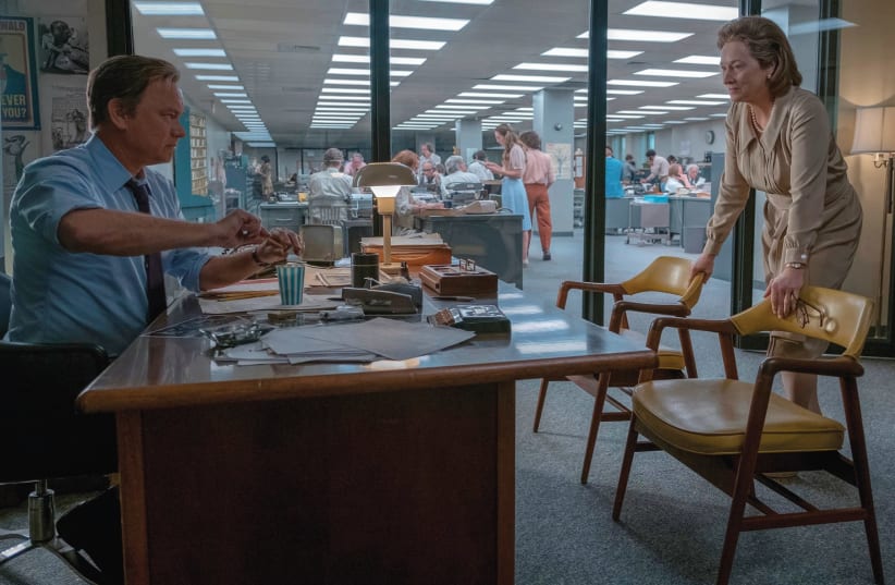 ‘THE POST’ stars Meryl Streep as ‘Washington Post’ publisher Kay Graham and Tom Hanks as editor Ben Bradlee, and the triumph the movie celebrates is the ‘Post’ decision to publish the Pentagon Papers. (photo credit: COURTESY UNITED KING FILMS)