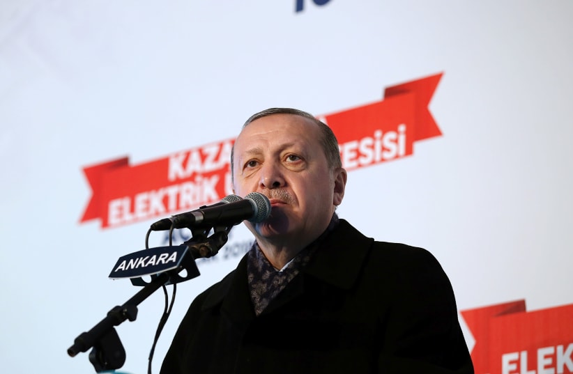 Turkish President Recep Tayyip Erdogan speaks at an event near Ankara, January 2018 (photo credit: HANDOUT/REUTERS)
