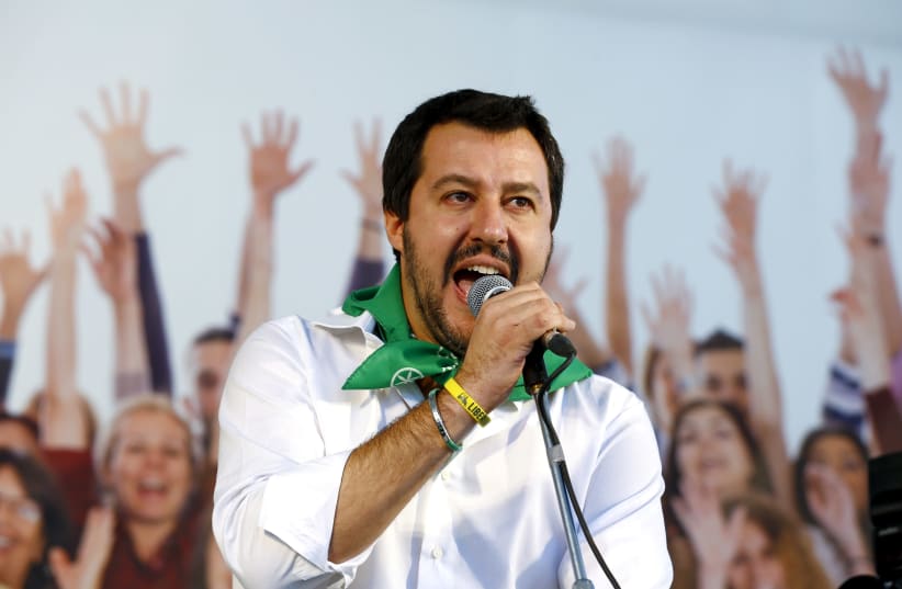 FILE PHOTO: Northern League leader Matteo Salvini speaks during a rally in Bologna, central Italy, November 8, 2015.  (photo credit: STEFANO RELLANDINI/ REUTERS/ FILE PHOTO)
