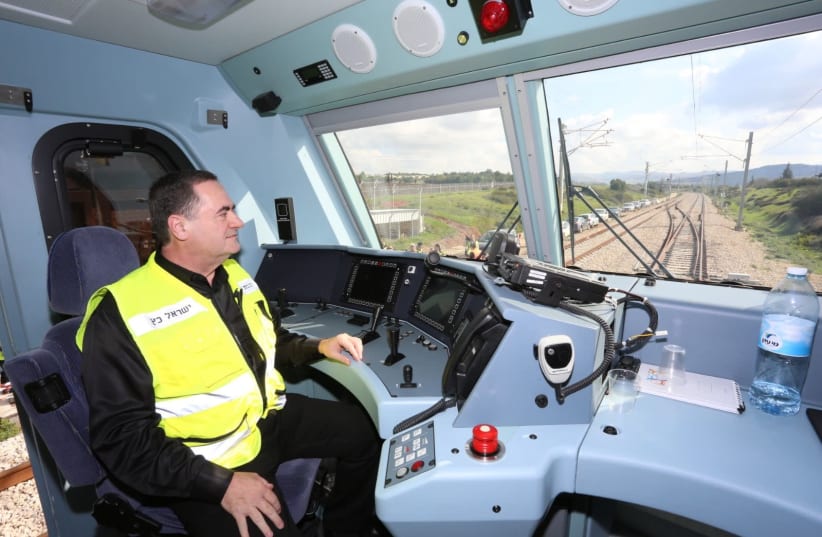 Transportation Minister Israel Katz inside the electric locomotive that hauled test train on January 15, 2018 (photo credit: TRANSPORATION MINISTRY)