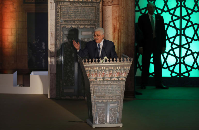 Palestinian President Mahmoud Abbas speaks during Al-Azhar's conference on Jerusalem, in Cairo, Egypt (photo credit: MOHAMED ABD EL GHANY/REUTERS)