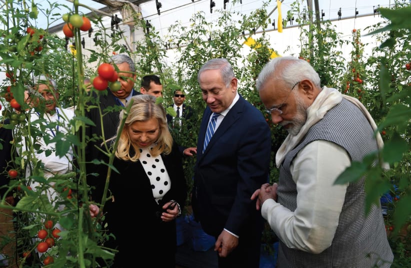 SARA NETANYAHU, her husband, Prime Minister Benjamin Netanyahu, and Indian Prime Minister Narendra Modi tour a hothouse in Gujarat state yesterday. (photo credit: AVI OHAYON - GPO)