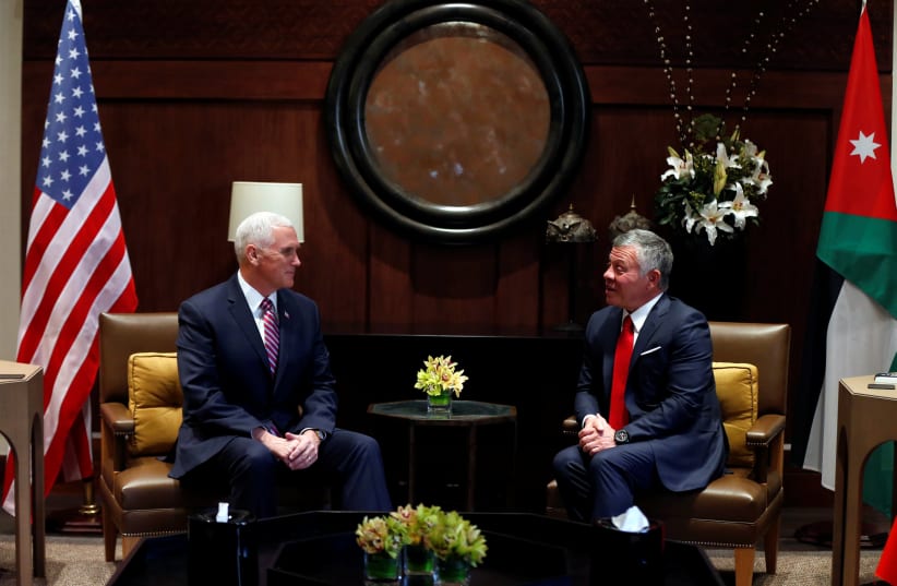 Jordan's King Abdullah speaks during his meeting with US Vice President Mike Pence at the Royal Palace in Amman, Jordan (photo credit: MUHAMMAD HAMED / REUTERS)