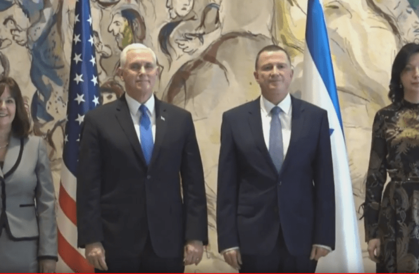 Vice President Mike Pence stands beside Knesset Speaker Yuli Edelstein ahead of Pence's speech (photo credit: screenshot)