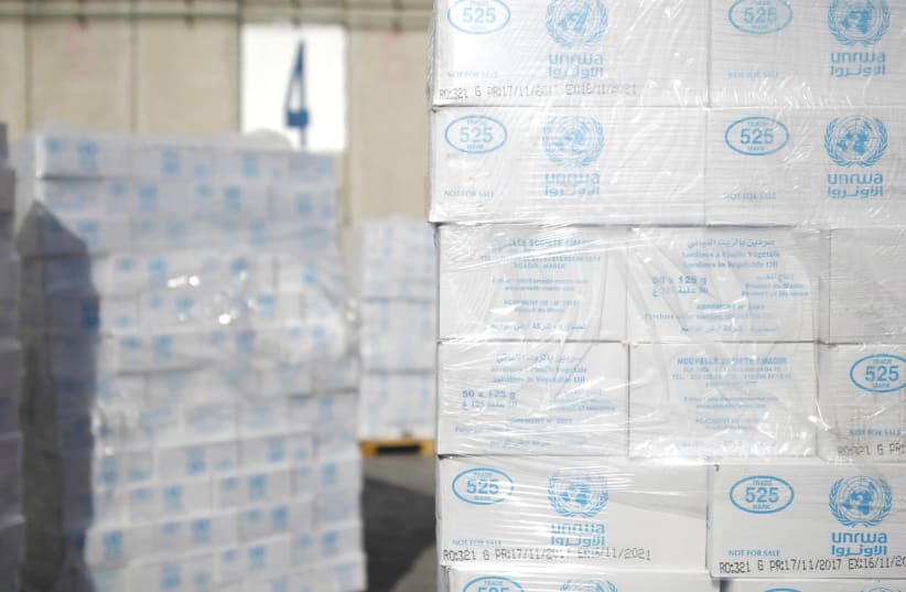 Boxes from UNRWA await transfer to Gaza from Israel. (photo credit: REUTERS)