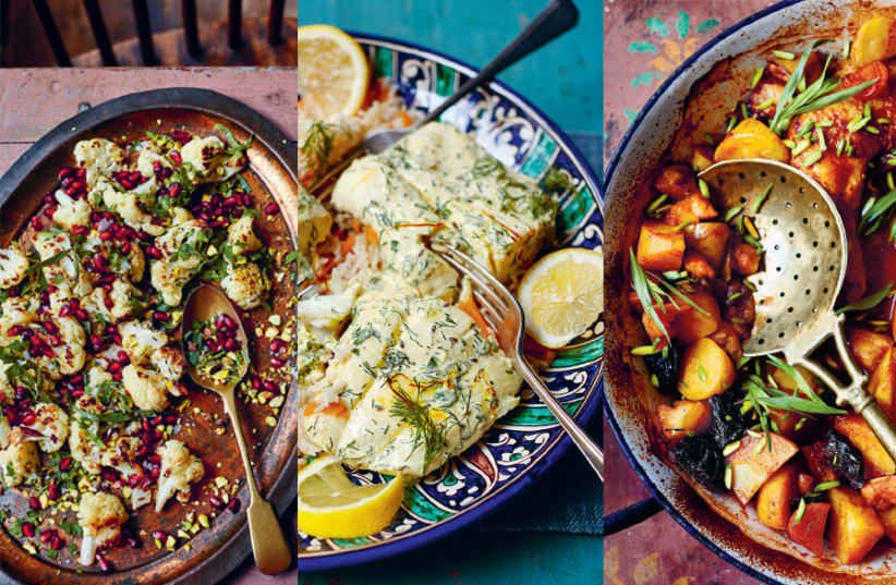  Roasted cauliflower, fish and saffron pilaf and chicken hotpot (photo credit: LAURA EDWARDS)