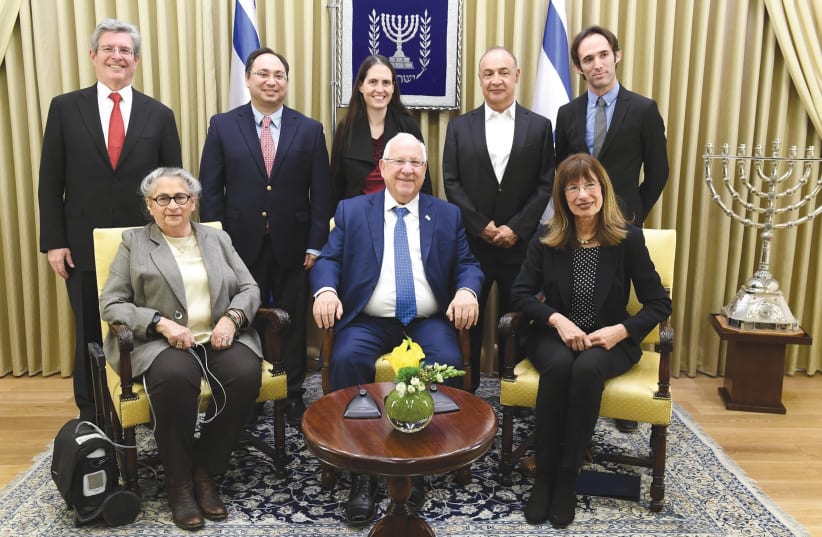 President Reuven Rivlin and his wife, Nechama (seated at left), host a reception yesterday for winners of the Blavatnik Awards for Young Scientists at the President’s Residence (photo credit: Courtesy)