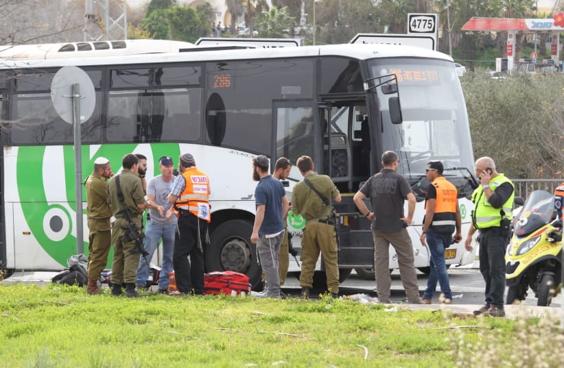 The scene after a stabbing attack outside the West Bank settlement of Ariel on February 5, 2018. (photo credit: HILLEL MEIR/TPS)