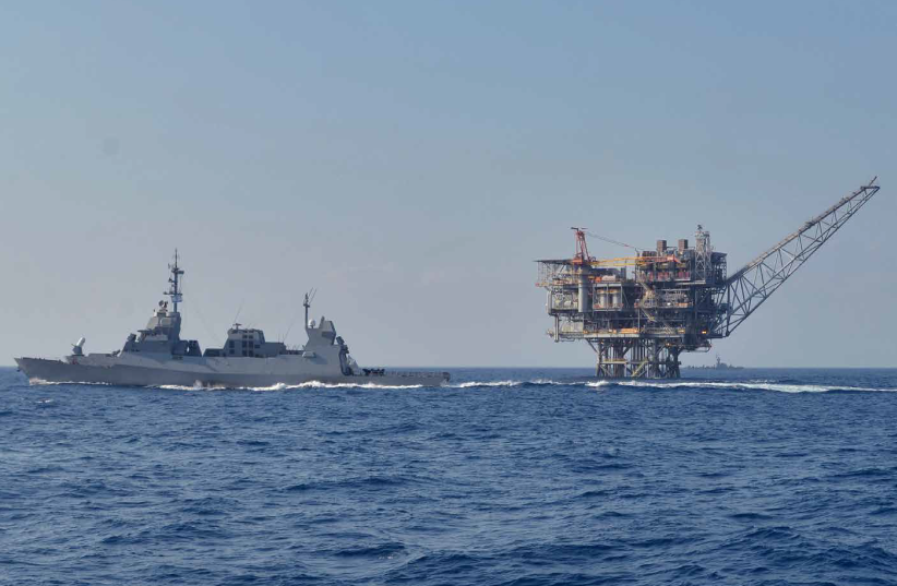 Israeli's Navy patrols the sea near a natural gas rig (photo credit: IDF SPOKESPERSON'S UNIT)