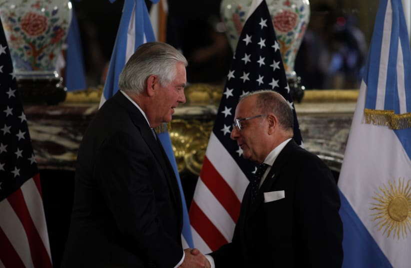 US Secretary of State Rex Tillerson and Argentinian Foreign Minister Jorge Faurie hold a news conference in Buenos Aires, Argentina (photo credit: MARTIN ACOSTA / REUTERS)