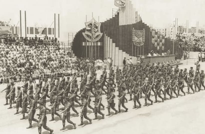 IDF TROOPS take part in a military parade in Jerusalem for the 25th anniversary of Israel’s independence in 1973. This was the final year such a parade was held. (Jerusalem Post Archives) (photo credit: JERUSALEM POST ARCHIVE)