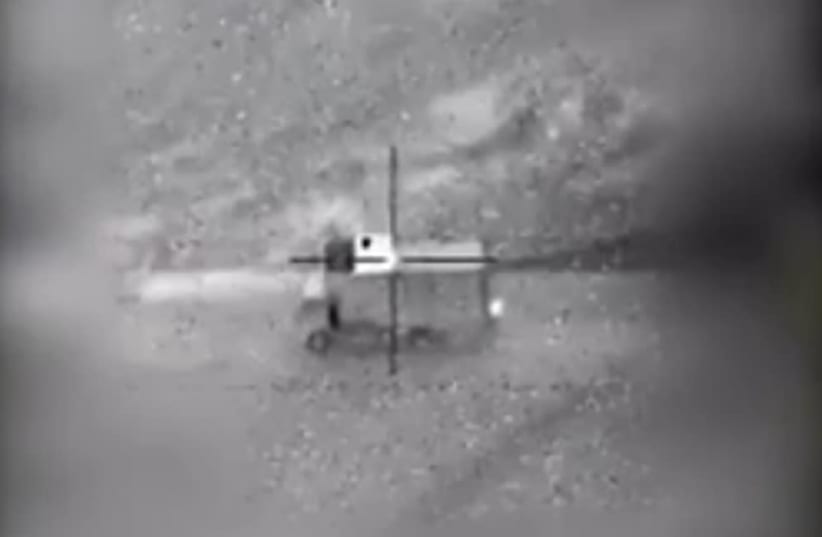 An Israeli jet destroys an Iranian drone operating unit in Syrian territory (photo credit: IDF SCREENSHOT)