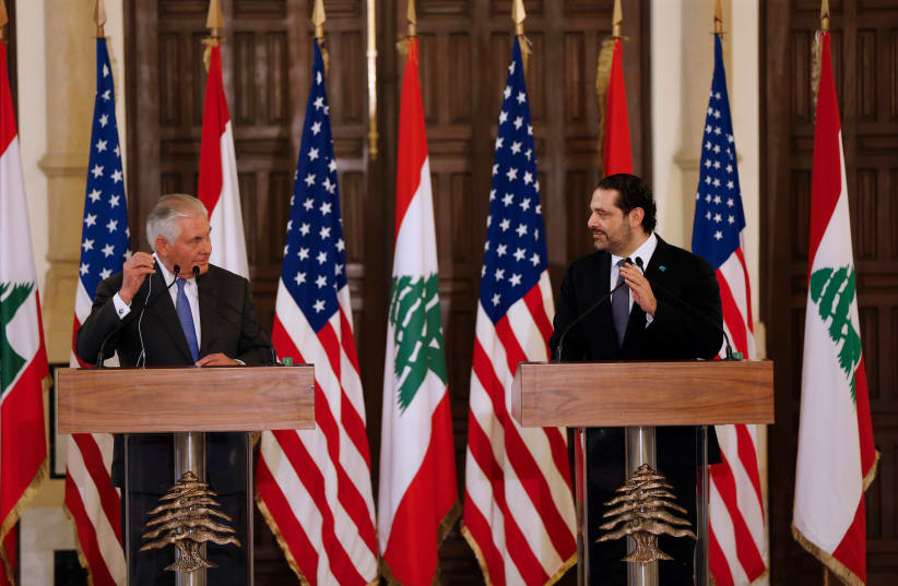 US Secretary of State Rex Tillerson and Lebanese Prime Minister Saad Hariri in Beirut, February 2018 (photo credit: MOHAMED AZAKIR / REUTERS)
