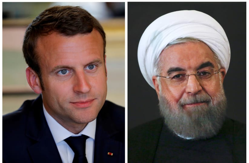  A combination of file photos showing French President Emmanuel Macron  and Iranian President Hassan Rouhani (photo credit: REUTERS/PHILIPPE WOJAZER/ALESSANDRO BIANCHI)