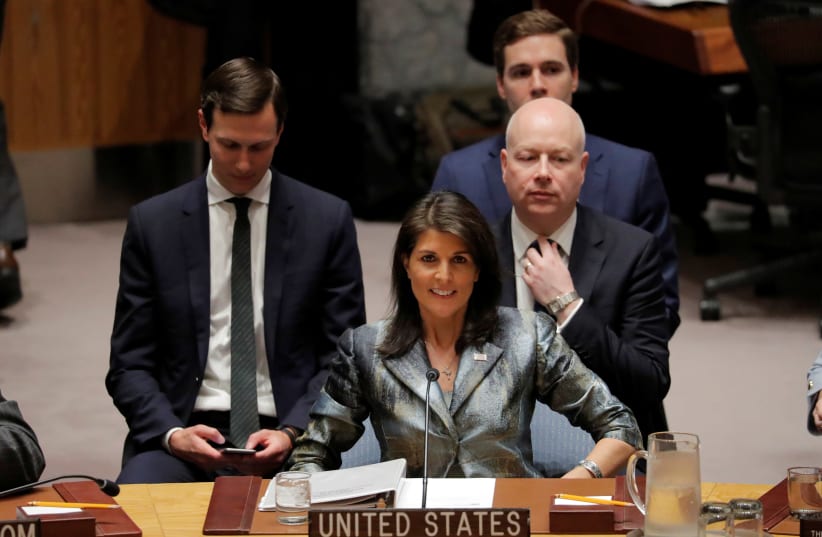 Nikki Haley at a meeting of the UN Security Council (photo credit: LUCAS JACKSON / REUTERS)