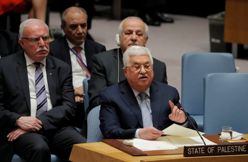 Palestinian Authority President Mahmoud Abbas speaks at the United Nations, February 2018 (photo credit: LUCAS JACKSON / REUTERS)